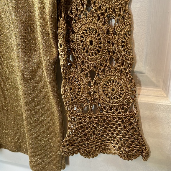 Vtg 90s Y2K gold threaded CROCHET sleeve sweater top S M disco jeans glam boho - Picture 3 of 9